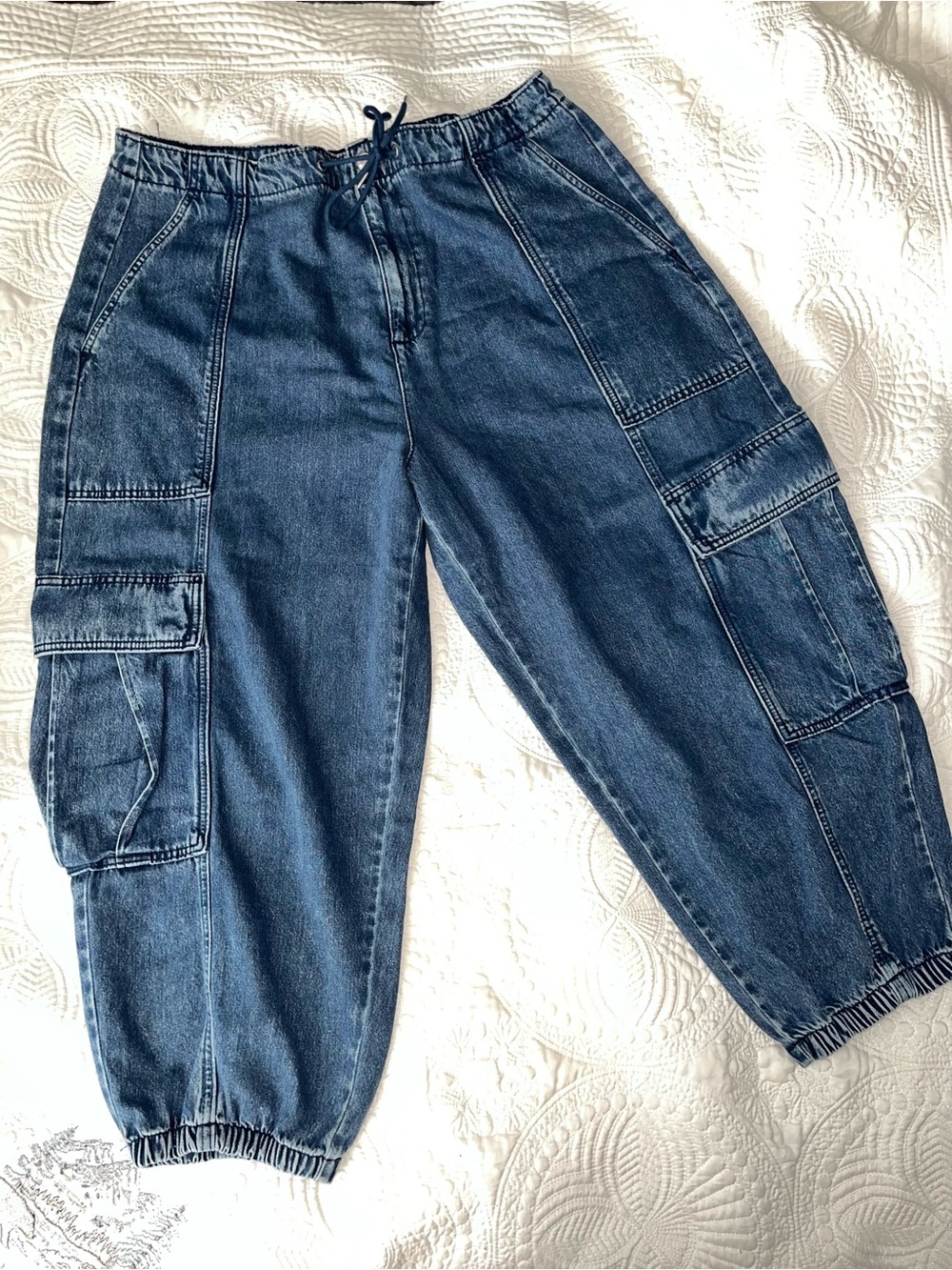 Women's Dark Blue Barrel Leg Cargo Denim Jeans